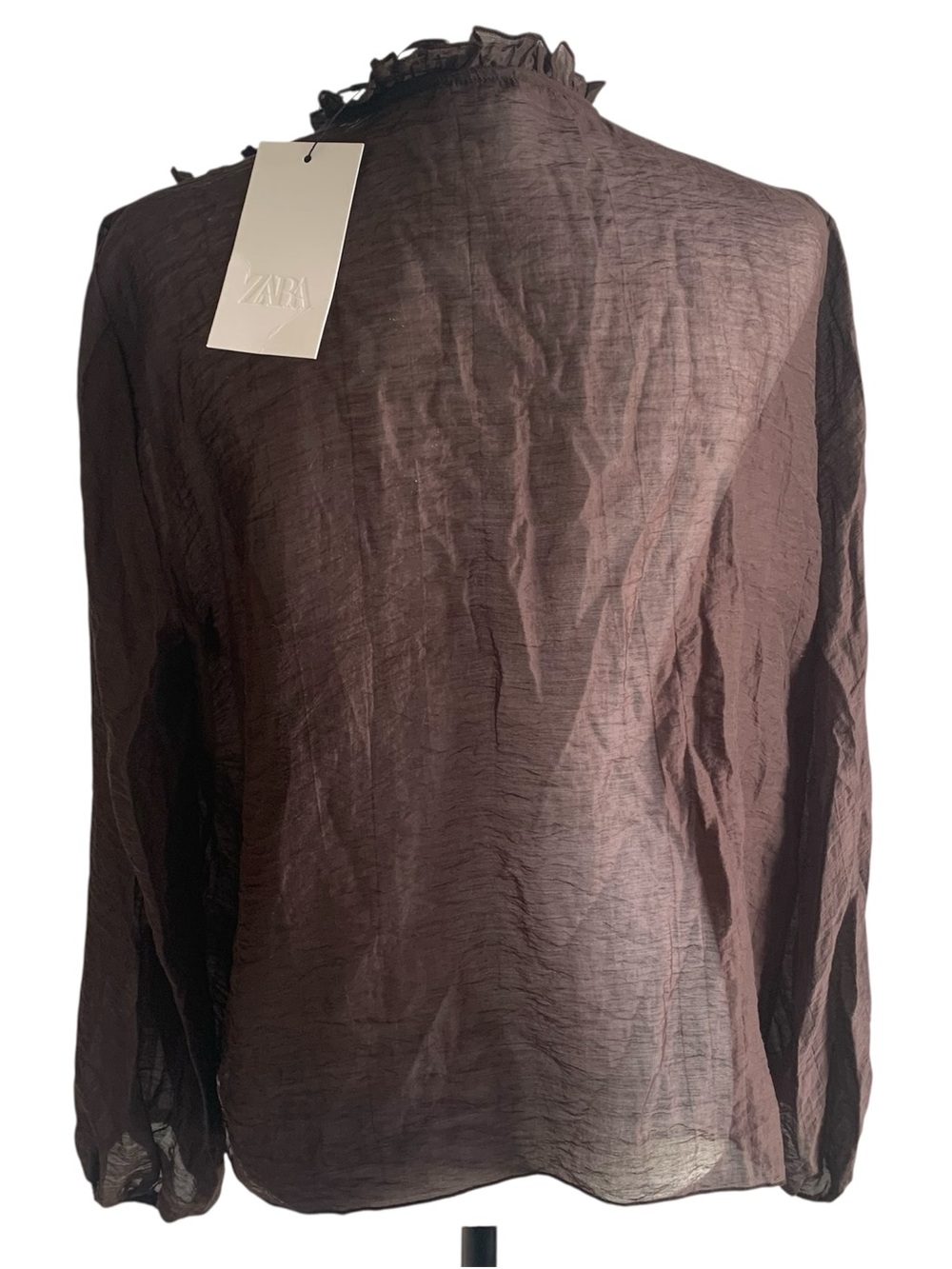🆕 Zara V‑neck Tunic-top Semi Sheer Ruffles Mother‑of‑pearl Buttons PuffLS BRN XL - Picture 8 of 11